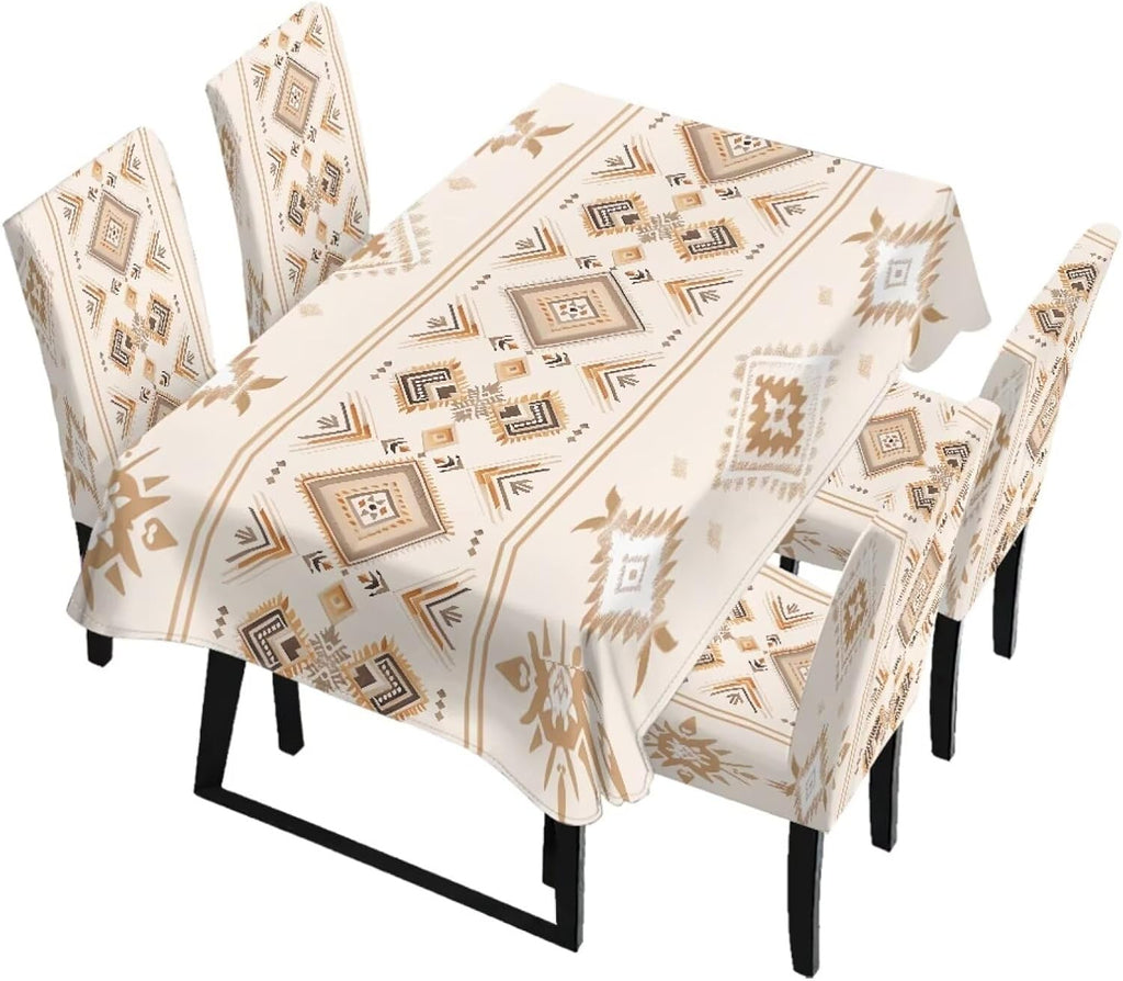 5 Pack Dining Table Cloth Rectangle 4 Seater Includes Kitchen Chair Covers, Stretch Seat Covers for Dining Chairs Anti-dust Washable Table Protector, Tribe Aztec Geometry Print