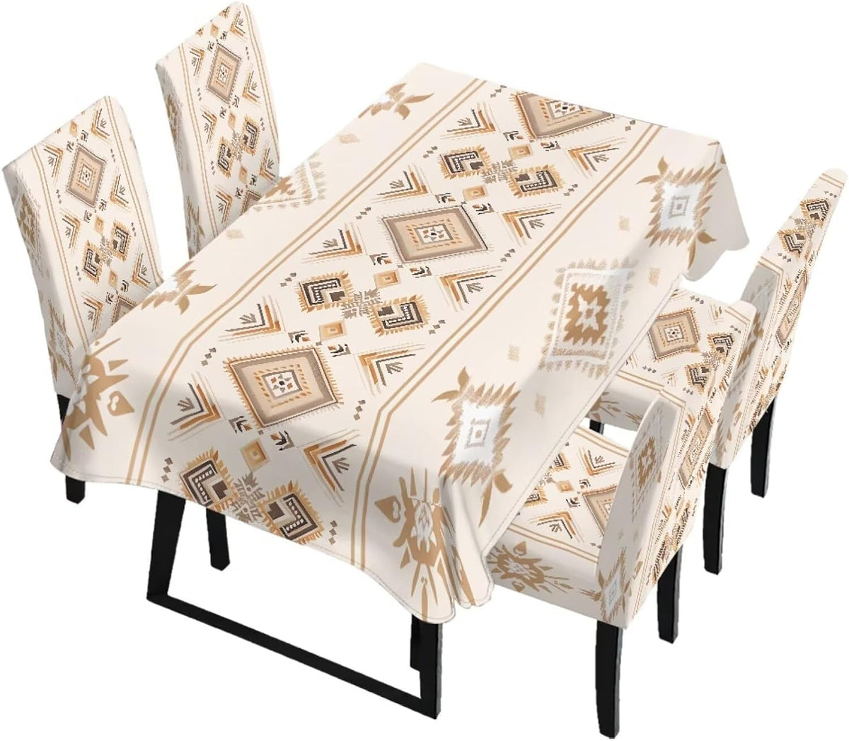 5 Pack Dining Table Cloth Rectangle 4 Seater Includes Kitchen Chair Covers, Stretch Seat Covers for Dining Chairs Anti-dust Washable Table Protector, Tribe Aztec Geometry Print