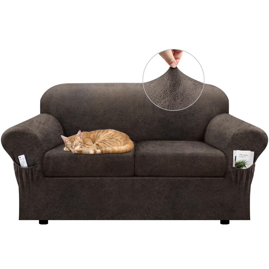 Loveseat Slipcover with Armrest Pockets 3-Piece Set, Stretch Faux Leather Love Seat Covers for 2-Cushion Couches(Fits 58-66") - Non-Slip, Machine Washable, Pet & Kid Friendly - Beige