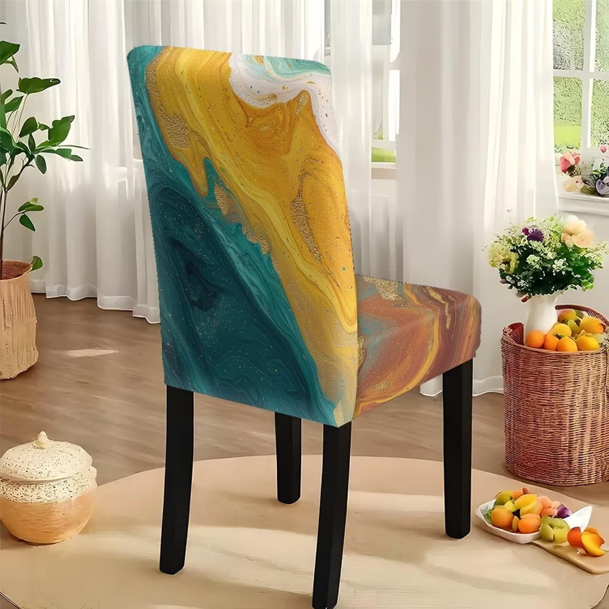 Table Cloth Rectangle Table Set of 7 Include Dining Chair Covers and Tablecloths for Dining Room Kitchen Banquet, Anti-Scratch Chair Seat Cover, Fluid Marble Print Green Gold Brown