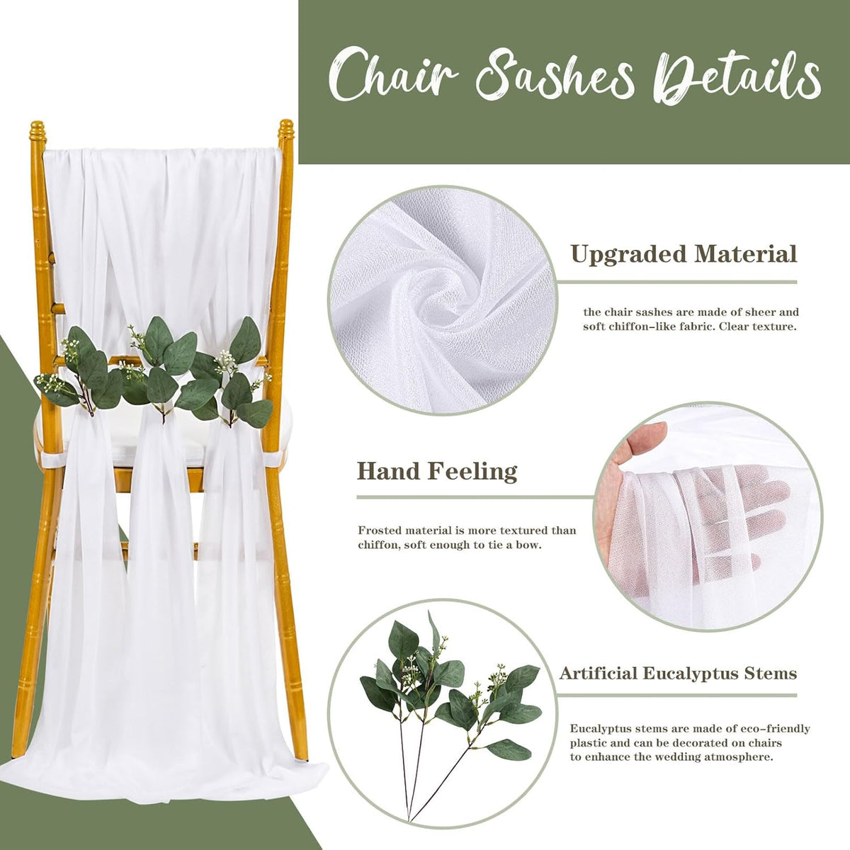 QueenDream White Chair Sashes Wedding Aisle Decorations: 24 Packs 8ft Long Draping Fabric Sheer Church Chair Cover Bulk for Party Banquet