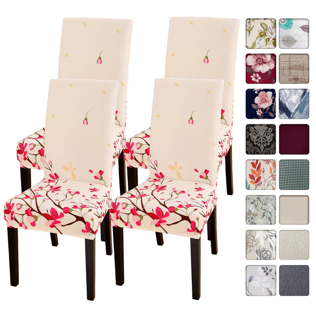 SearchI Chair Covers Slipcovers Set of 4, Spandex Super Fit Stretch Removable Washable Kitchen Parsons Protector for Dining Room,Hotel,Ceremony,Beige+Flowers