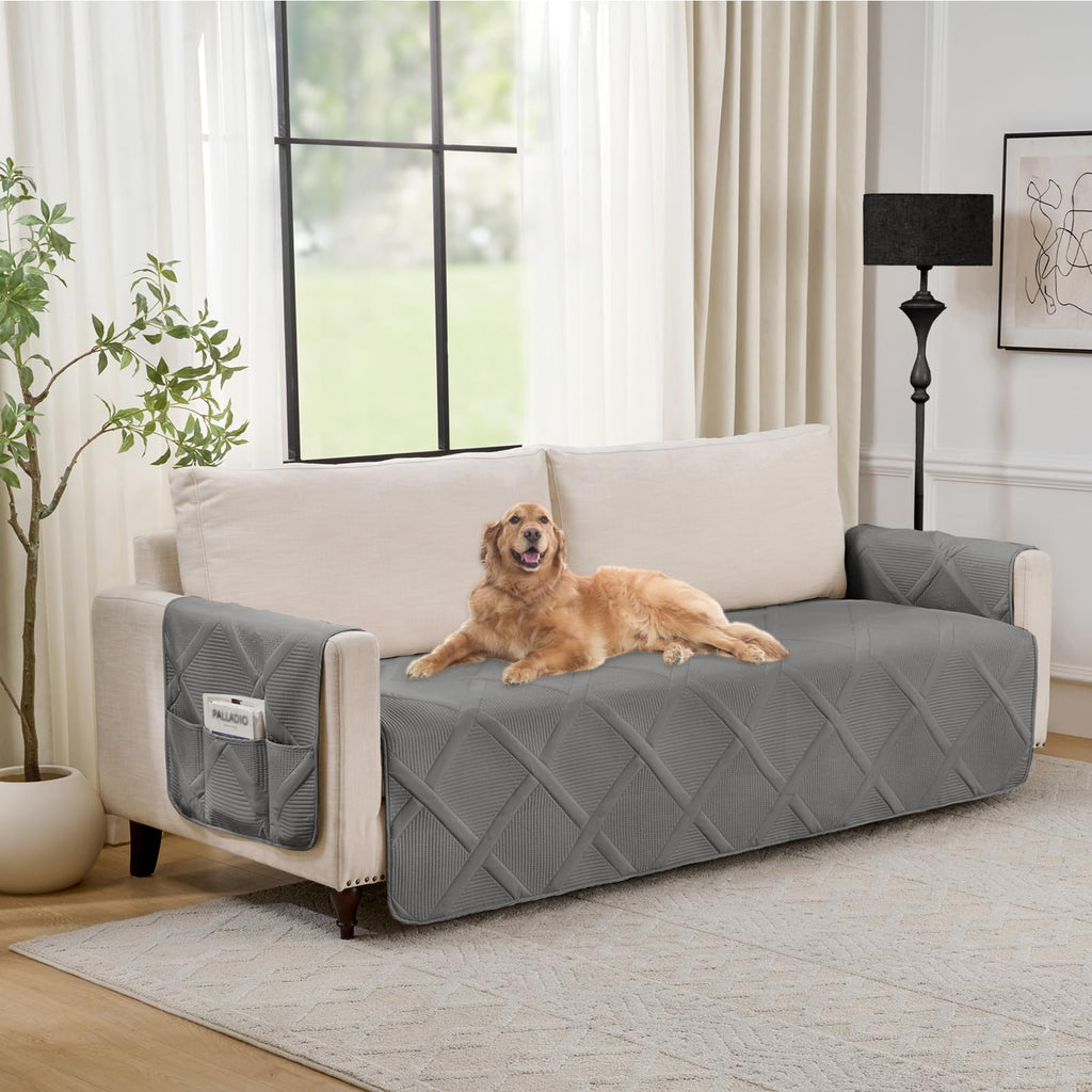 Backless Loveseat Covers for 2 Cushion Couch, Water-Repellent Covers for Leather Sofa Couch, Machine Washable Quilted Couch Covers, Pet Friendly Loveseat Slipcovers (Loveseat 48", Cool Gray)