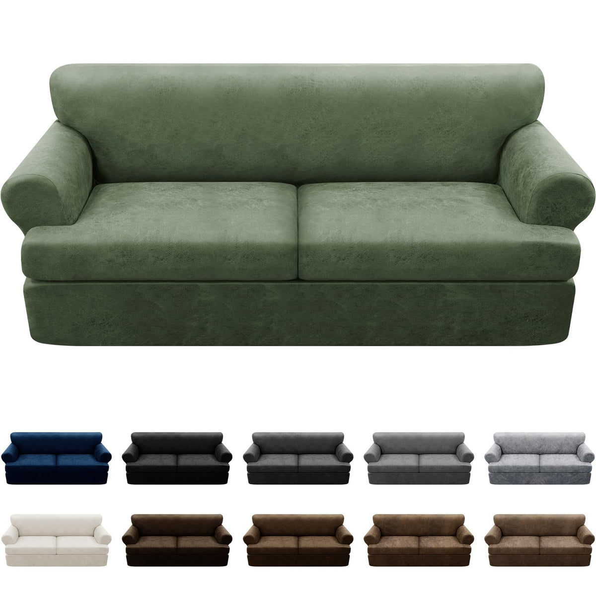 3-Pieces T Cushion Loveseat Slipcovers Leather Look Couch Cover Loveseat Covers for 2 Cushion Couch Furniture Protector Stretch Sofa Cover with 2 Individual T Cushion Seat Covers, Brown