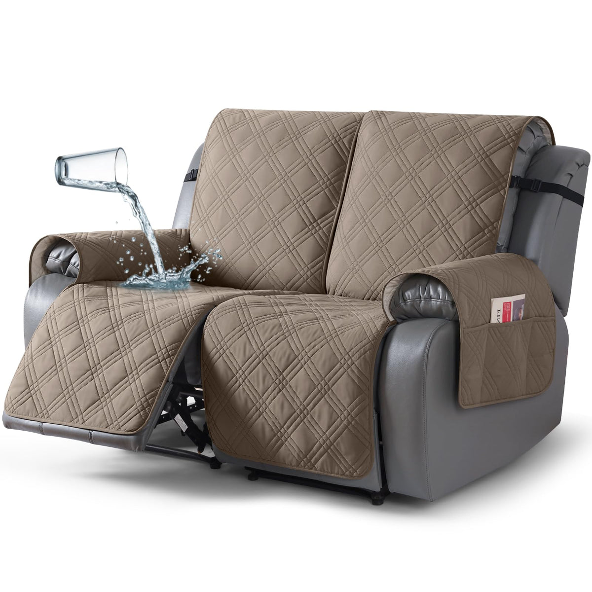 TAOCOCO 100% Waterproof Oversized Loveseat Recliner Cover, Non Slip Split Couch Covers for Reclining Loveseat with Elastic Straps for Kids Pets(Oversized 2 Seater, Chocolate)