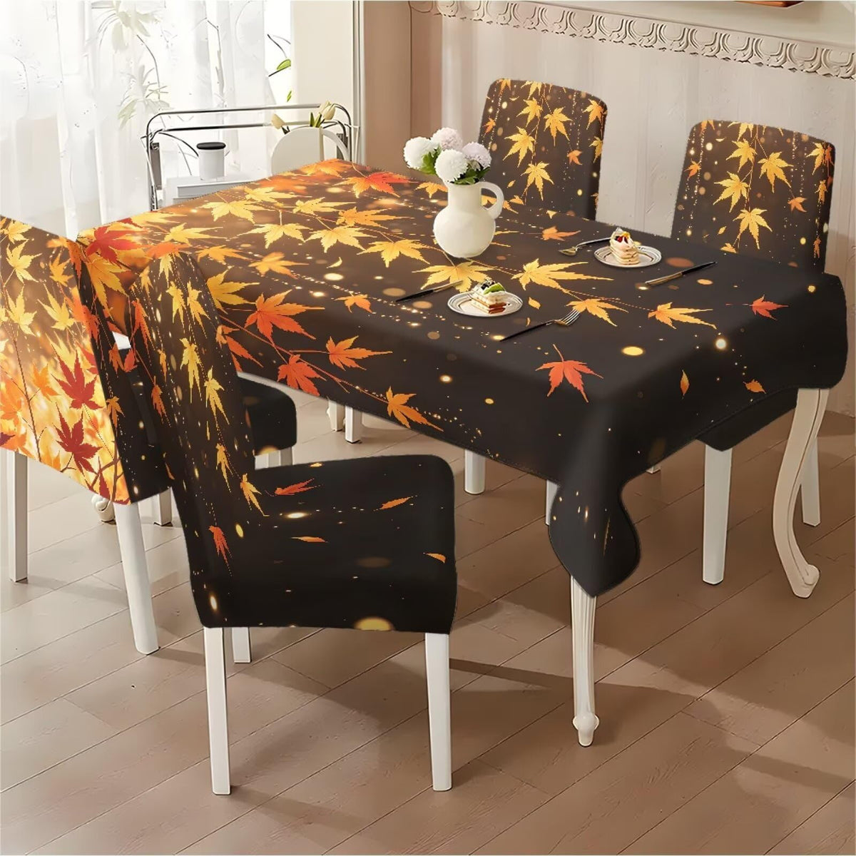Thanksgiving Themed Dining Room Chair Cover and Tablecloths 5 Packs, Fall Leaf Print Kitchen Chair Seat Slipcovers Anti-Wrinkle Table Protector for Thanksgiving Day Party