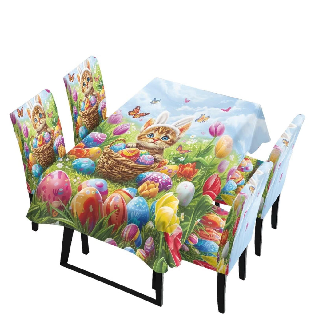 ZDCUSTOM Easter Table and Chair Covers for Parties Purple Bunny Dining Chairs Cover Daisy Tablecloths Rectangular for Easter Party