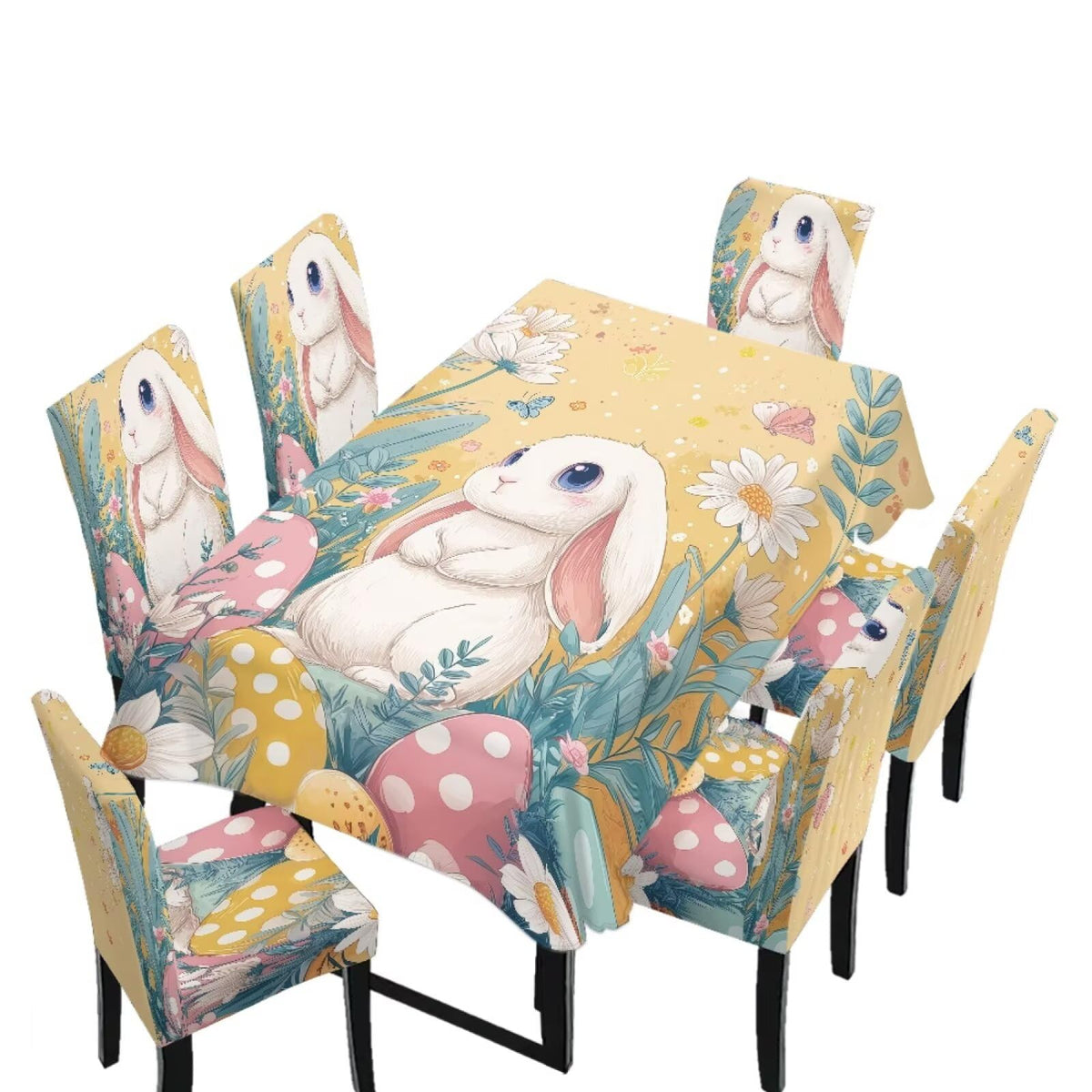 Table Cloth Rectangle Table Set of 7 Include Kitchen Chair Covers and Tablecloths for Dining Room Hotel Banquet, Anti-Scratch Chair Seat Protector Cover, Daisy Hippie Flower Print