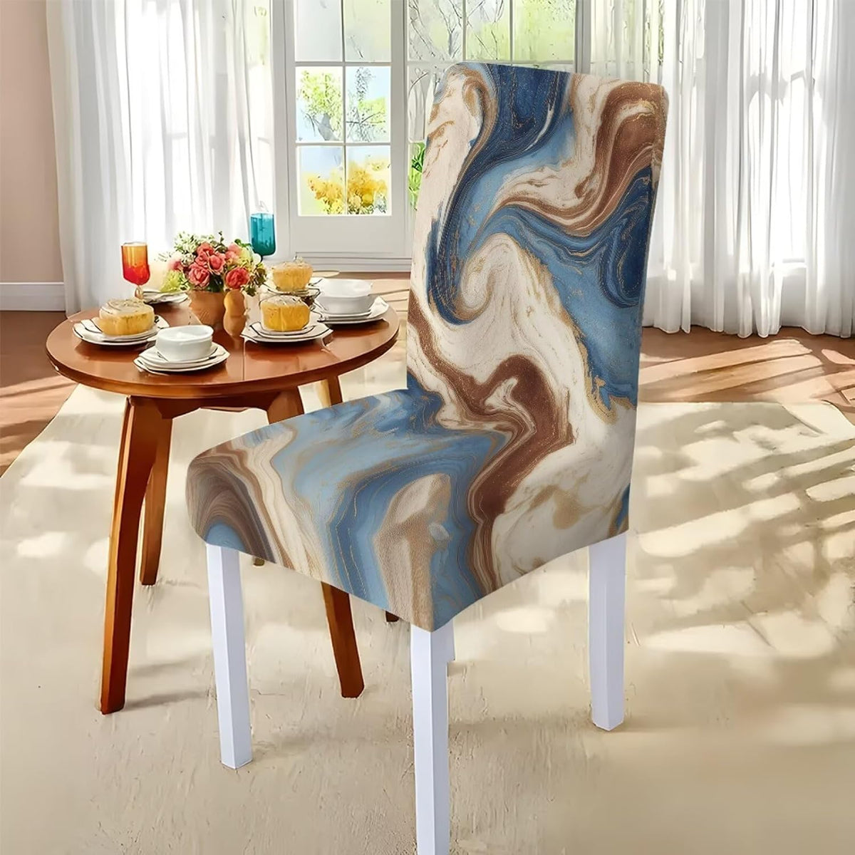 5 Pack Dining Room Chair Cover Set and Table Cloth Rectangle, Dust Proof Machine Washable Tablecloths Comfortable Chair Seat Slipcovers for Restaurant Decor, Abstract Fluid Marble
