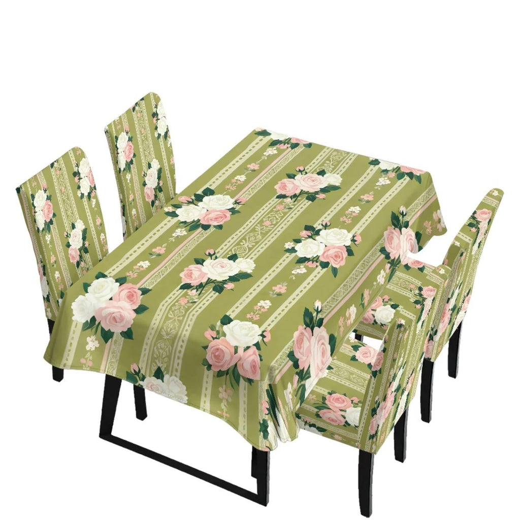 Blue Floral Rectangular Table Cloth & Dining Chair Covers Set of 5, Stain Resistant Wipeable Chair Protectors for Farmhouse Rustic Home Kitchen Party Decor