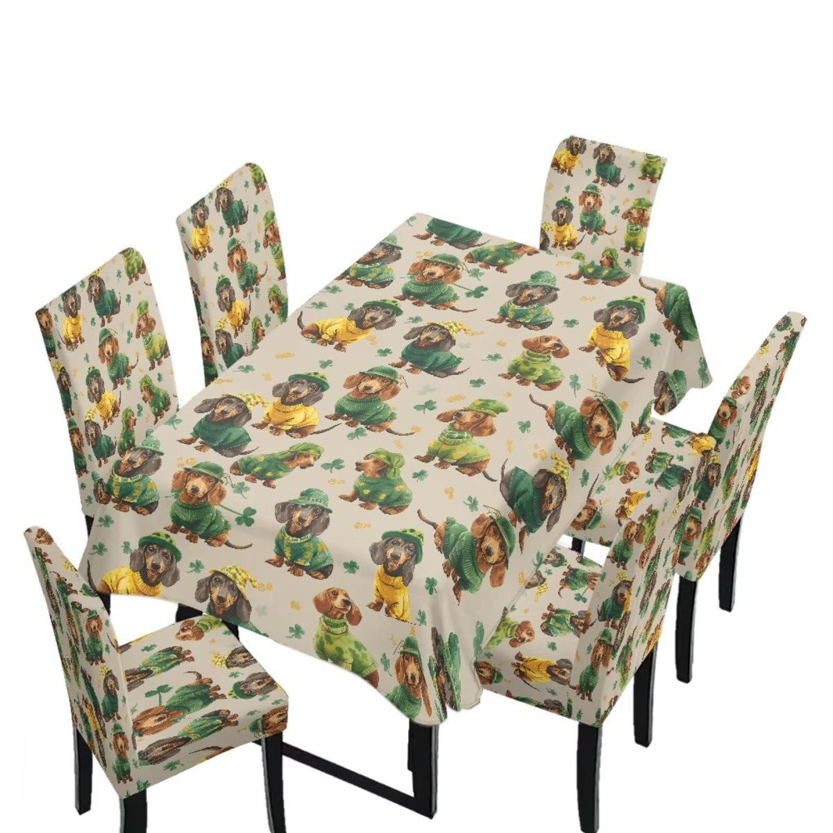 Dining Seat Slipcovers Set of 7 Includes Tablecloths, Removable Dining Room Chair Covers Stain Resistant Table Protector for Home Restaurant, Light Brown Beige Geometry Patchwork