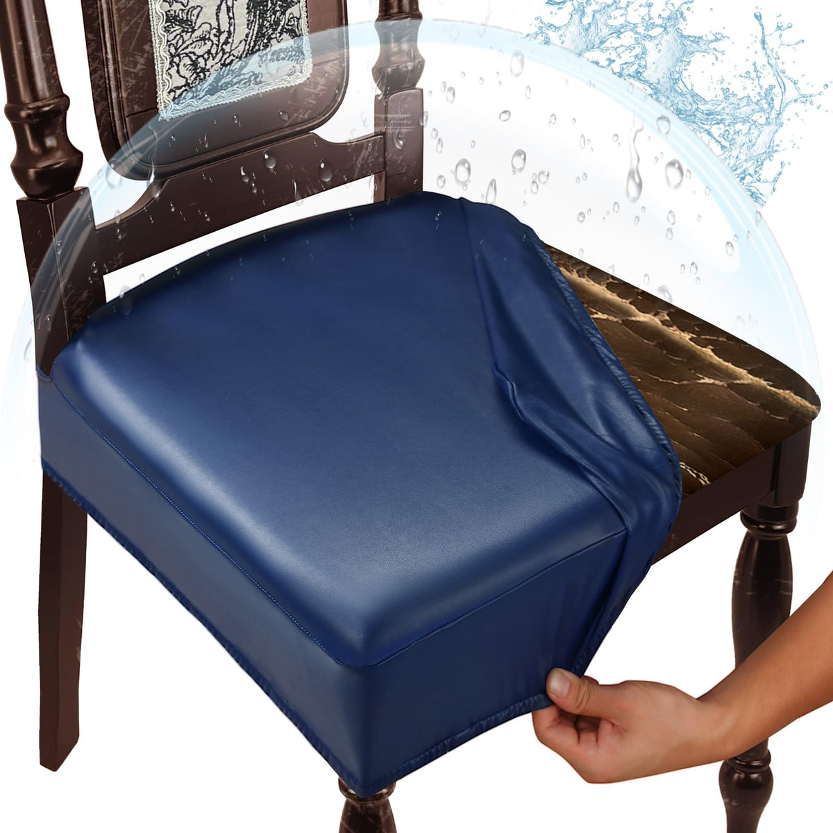 Waterproof Dining Chair Seat Covers Leather Kitchen Seat Covers, Stain Resistant Stretch Chair Seat Covers for Dining Room Chairs Set of 4, Rear Covered Washable Dining Chair Covers Black