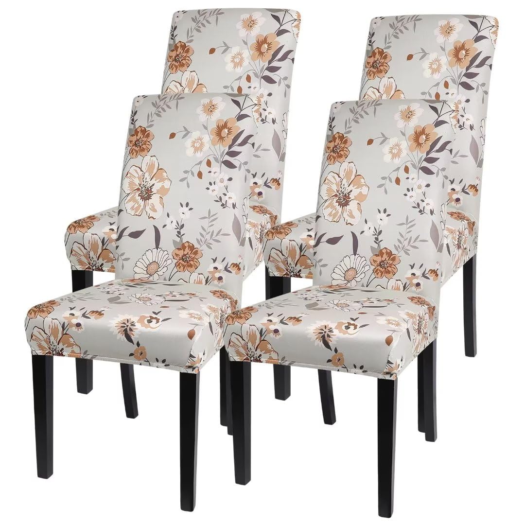 SearchI Chair Covers Slipcovers Set of 4, Spandex Super Fit Stretch Removable Washable Kitchen Parsons Protector for Dining Room,Hotel,Ceremony,Beige+Flowers