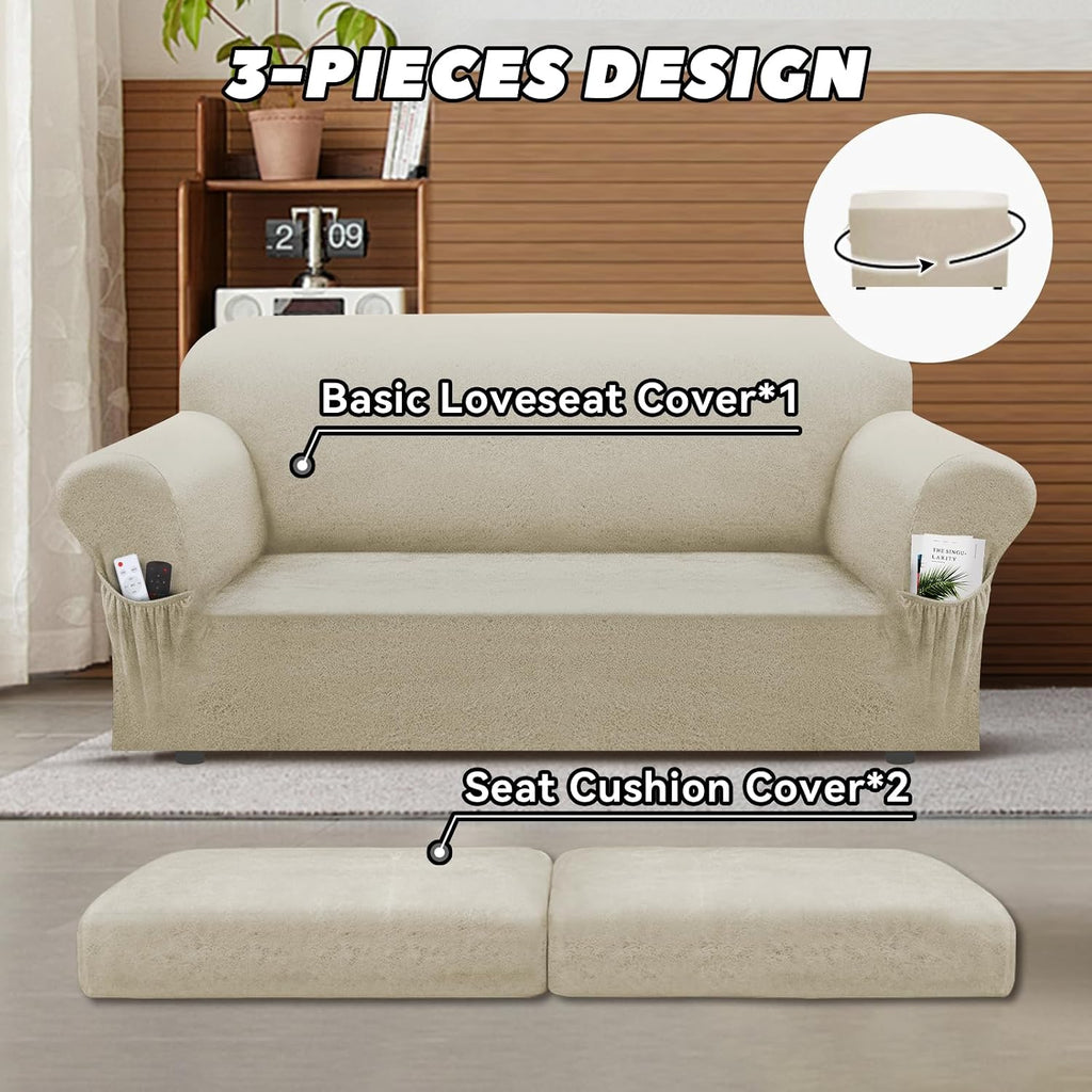 Loveseat Slipcover with Armrest Pockets 3-Piece Set, Stretch Faux Leather Love Seat Covers for 2-Cushion Couches(Fits 58-66") - Non-Slip, Machine Washable, Pet & Kid Friendly - Beige