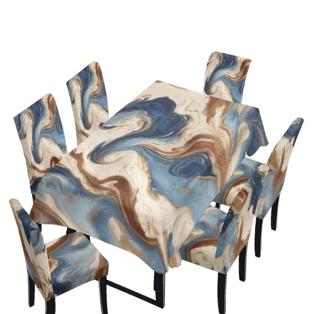 5 Pack Dining Room Chair Cover Set and Table Cloth Rectangle, Dust Proof Machine Washable Tablecloths Comfortable Chair Seat Slipcovers for Restaurant Decor, Abstract Fluid Marble