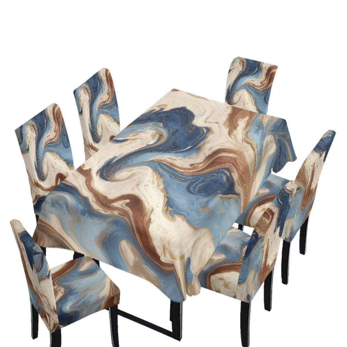 5 Pack Dining Room Chair Cover Set and Table Cloth Rectangle, Dust Proof Machine Washable Tablecloths Comfortable Chair Seat Slipcovers for Restaurant Decor, Abstract Fluid Marble