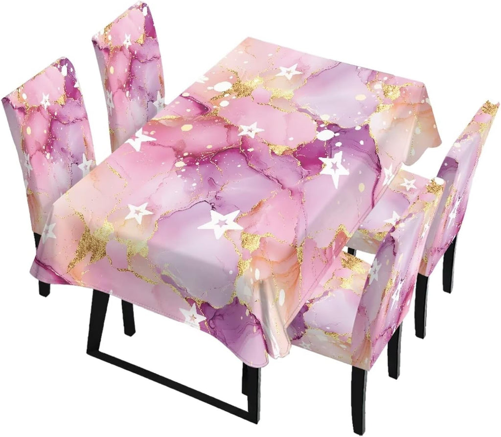 Table Cloth Rectangle Table Set of 7 Include Kitchen Chair Covers and Tablecloths for Dining Room Hotel Banquet, Anti-Scratch Chair Seat Protector Cover, Daisy Hippie Flower Print