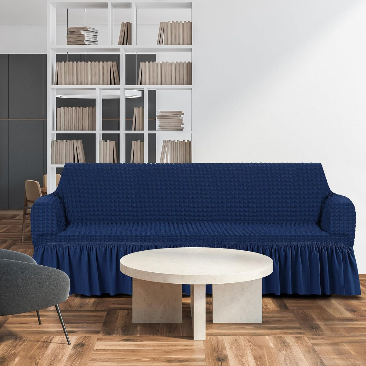 Fanfanwin 2 Pcs Sofa and Loveseat Slipcover Set with Skirt, Navy Blue