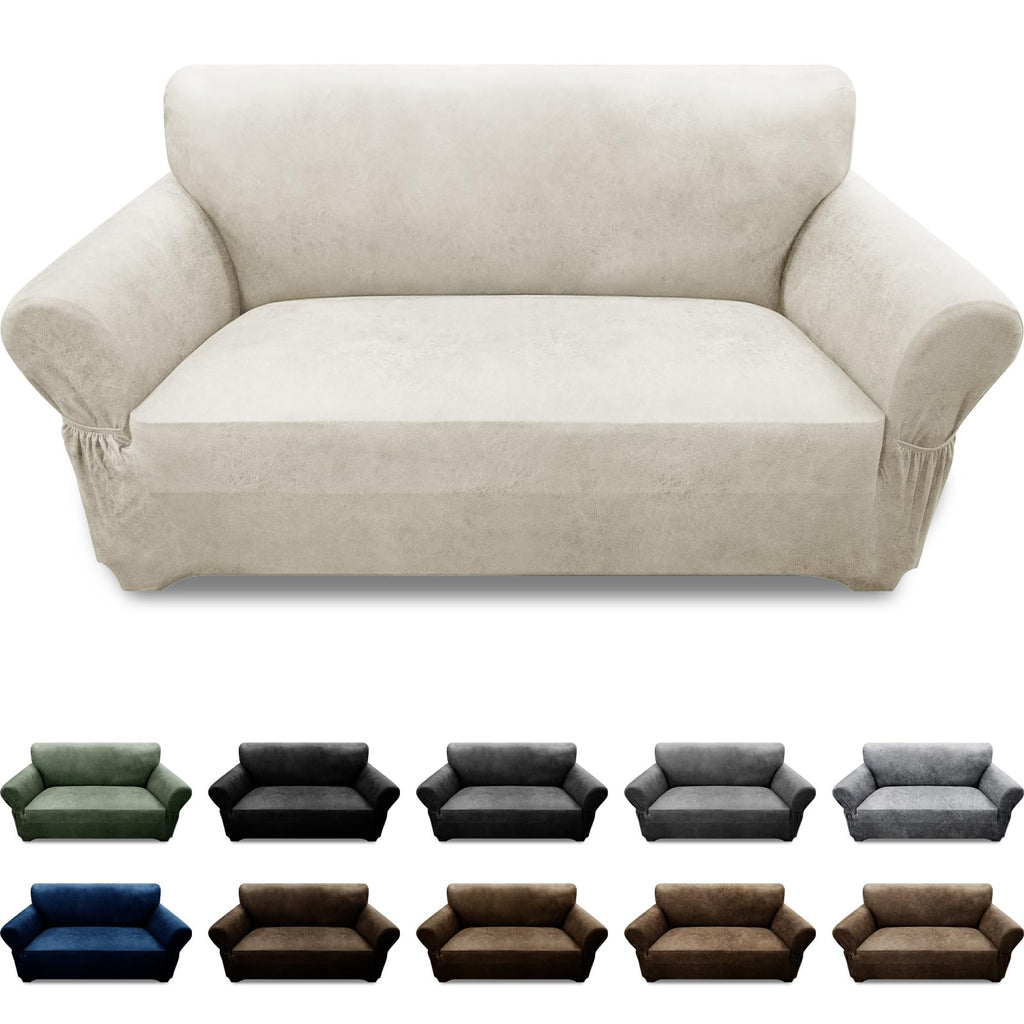 3-Pieces T Cushion Loveseat Slipcovers Leather Look Couch Cover Loveseat Covers for 2 Cushion Couch Furniture Protector Stretch Sofa Cover with 2 Individual T Cushion Seat Covers, Brown