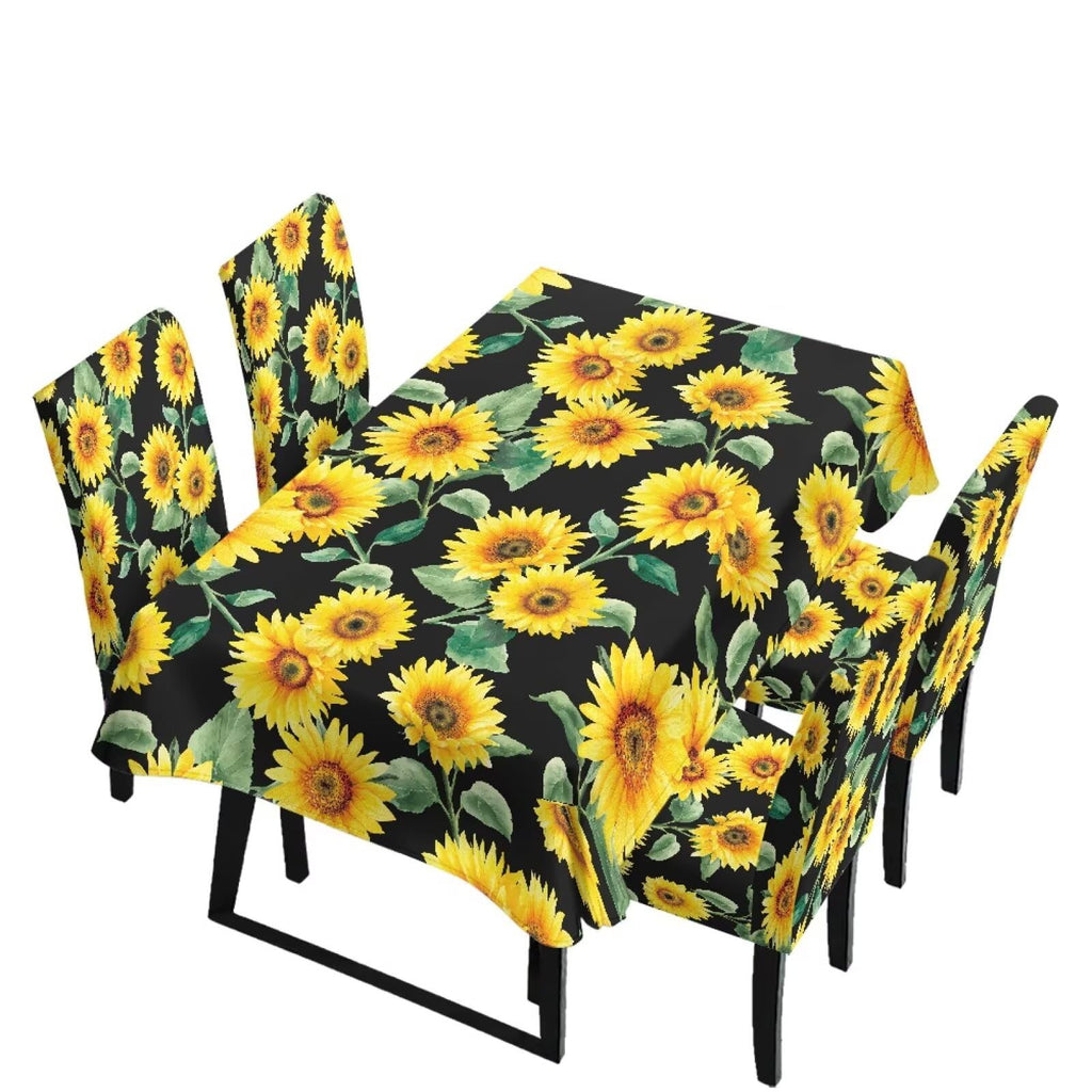 Blue Floral Rectangular Table Cloth & Dining Chair Covers Set of 5, Stain Resistant Wipeable Chair Protectors for Farmhouse Rustic Home Kitchen Party Decor