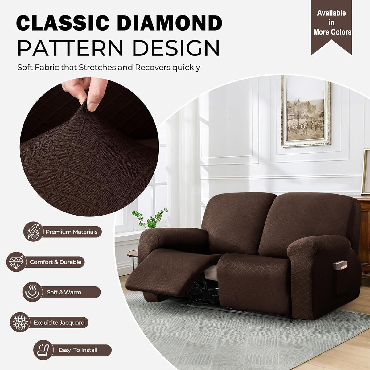 vctops Diamond Recliner Loveseat Slipcover 6-Pieces Stretch Dual Recliner Sofa Covers for 2 Seat Dual Reclining Loveseat Couch Soft Solid Furniture Protector (Dark Coffee,2 Seat)