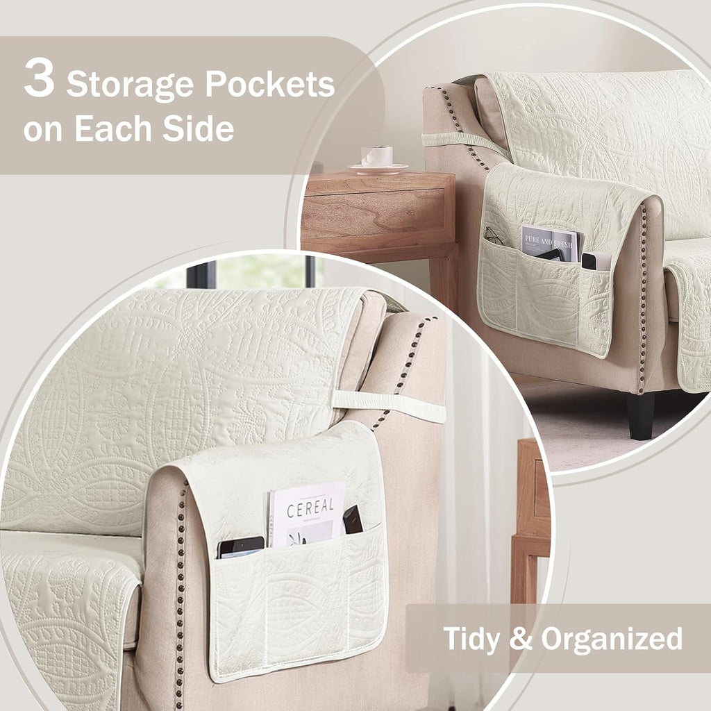 Stay in Place Ivory White Quilted Loveseat Couch Cover for 2 Cushion Couch, Water Repellent Love Seat Quilted Sofa Covers Washable, Pet Friendly Slipcovers (Loveseat 48", Ivory White)