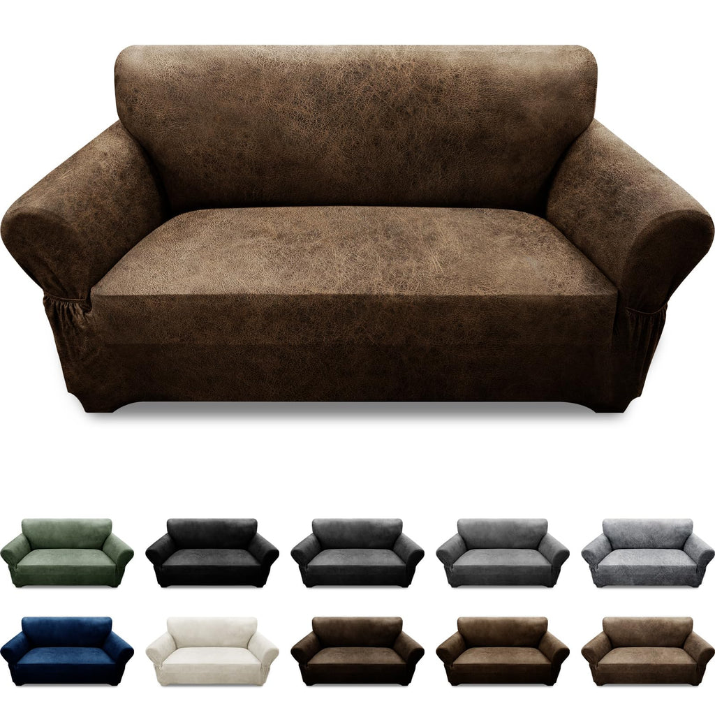 3-Pieces T Cushion Loveseat Slipcovers Leather Look Couch Cover Loveseat Covers for 2 Cushion Couch Furniture Protector Stretch Sofa Cover with 2 Individual T Cushion Seat Covers, Brown