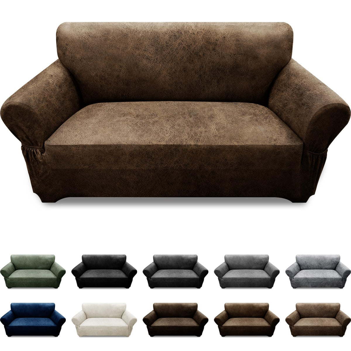 3-Pieces T Cushion Loveseat Slipcovers Leather Look Couch Cover Loveseat Covers for 2 Cushion Couch Furniture Protector Stretch Sofa Cover with 2 Individual T Cushion Seat Covers, Brown