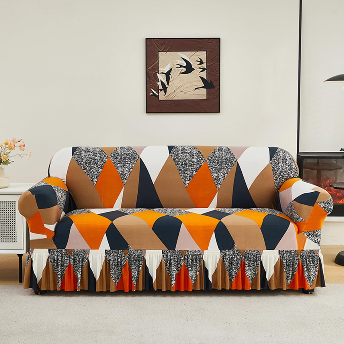 KAIJIE Super Stretch Sofa Slipcover–Non Slip Soft Couch Sofa Cover,Skirt Edge Design with Non Skid Foam and Elastic Bottoms for Crafted from Soft Polyester Printed Pattern（2-Person seat Couch Cover）