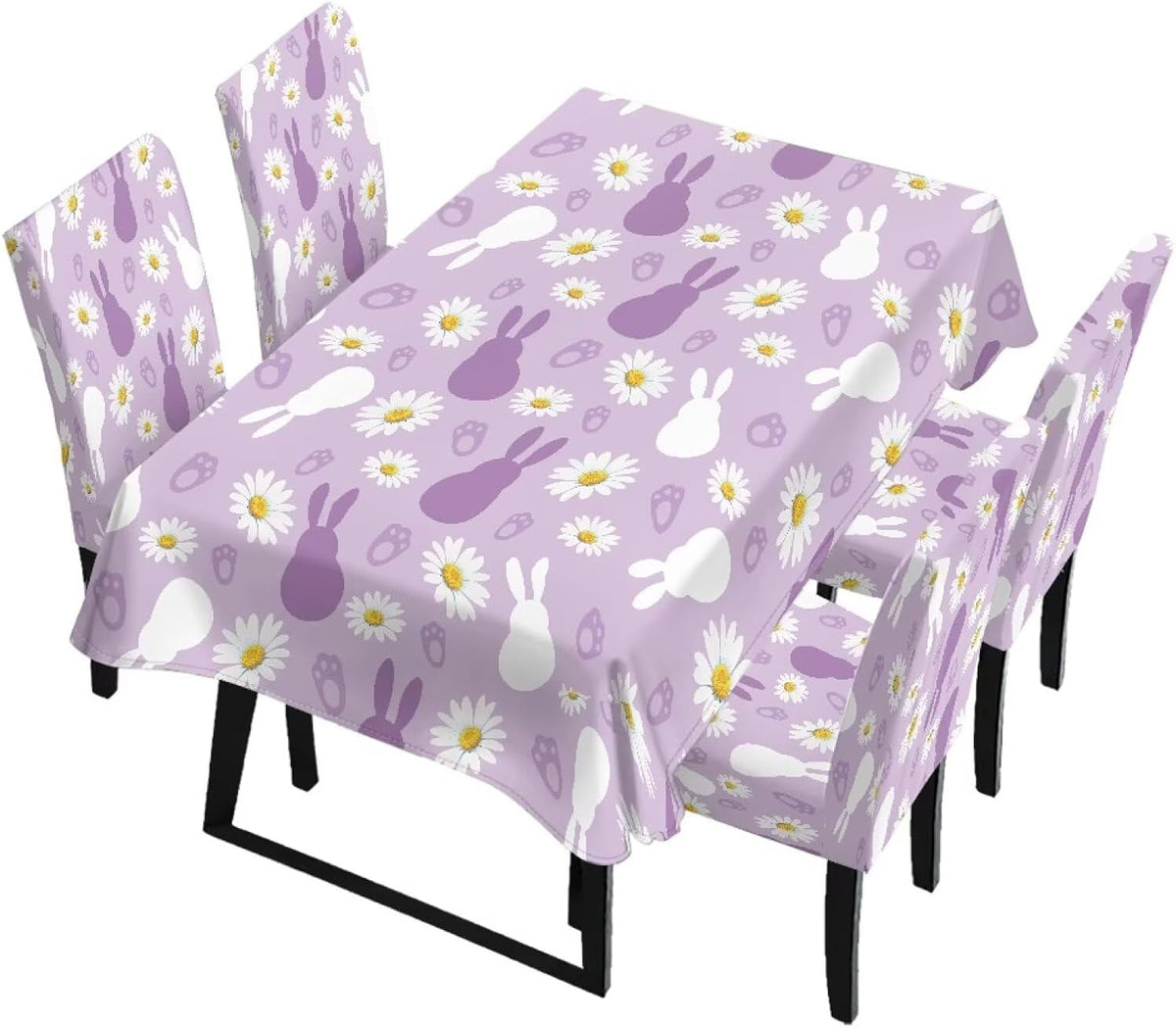ZDCUSTOM Easter Table and Chair Covers for Parties Purple Bunny Dining Chairs Cover Daisy Tablecloths Rectangular for Easter Party