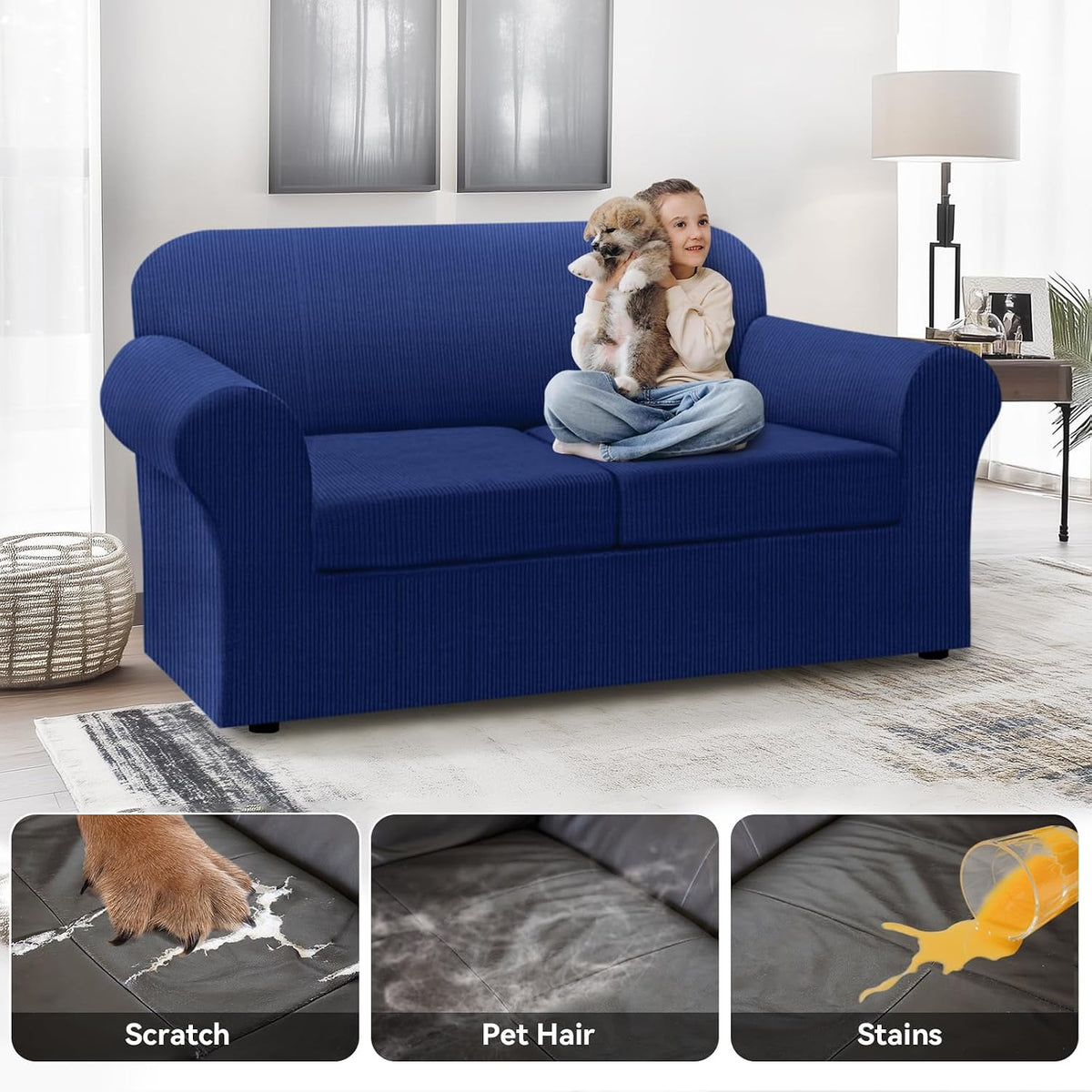 100% WaterproofLoveseat Cover 3-Piece Set Striped Loveseat Slipcovers for 2 Cushion Couch Sofa Covers with TPU Leakproof Bottom Stretch Couch Protector Pet Proof - Loveseat, Navy