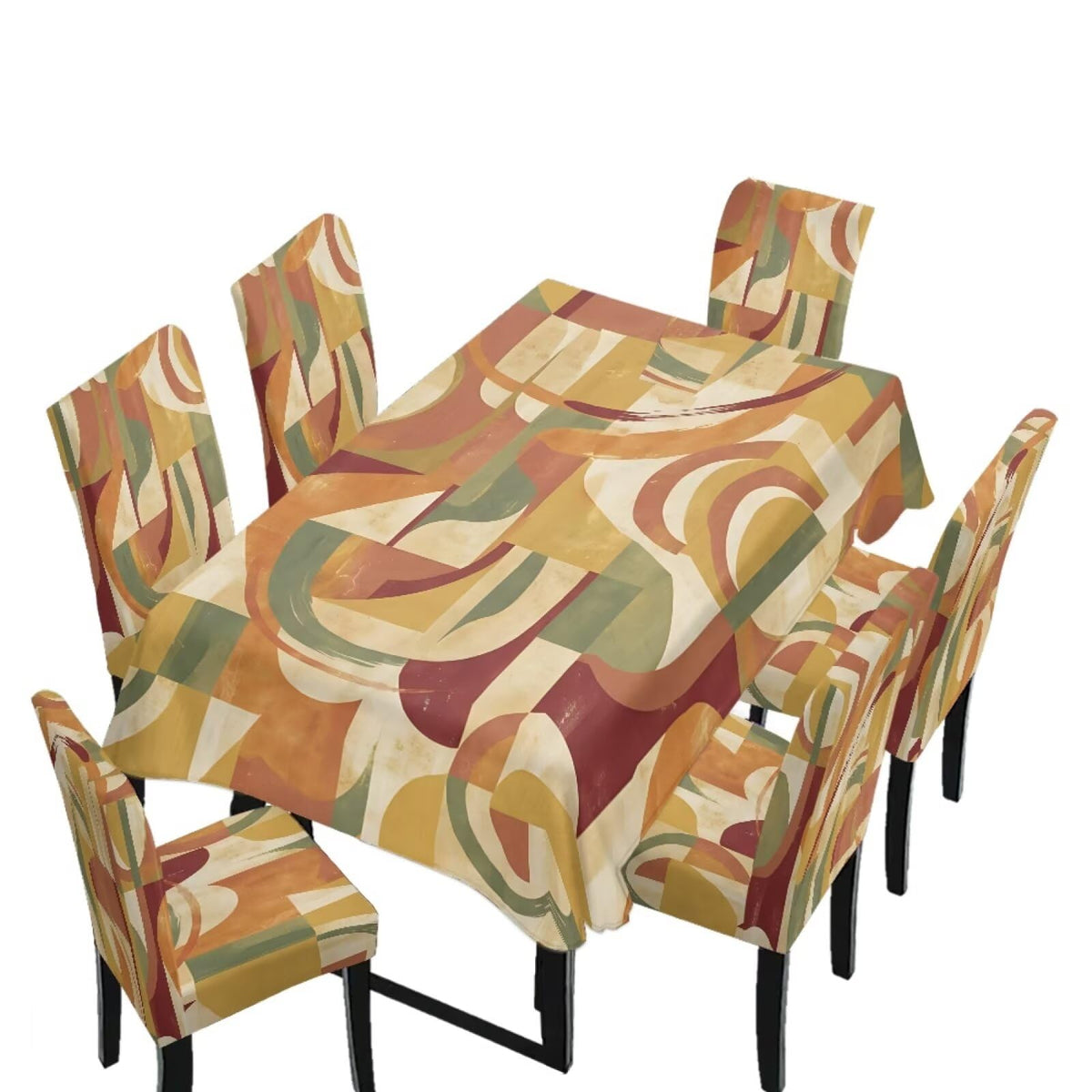 Dining Seat Slipcovers Set of 7 Includes Tablecloths, Removable Dining Room Chair Covers Stain Resistant Table Protector for Home Restaurant, Light Brown Beige Geometry Patchwork