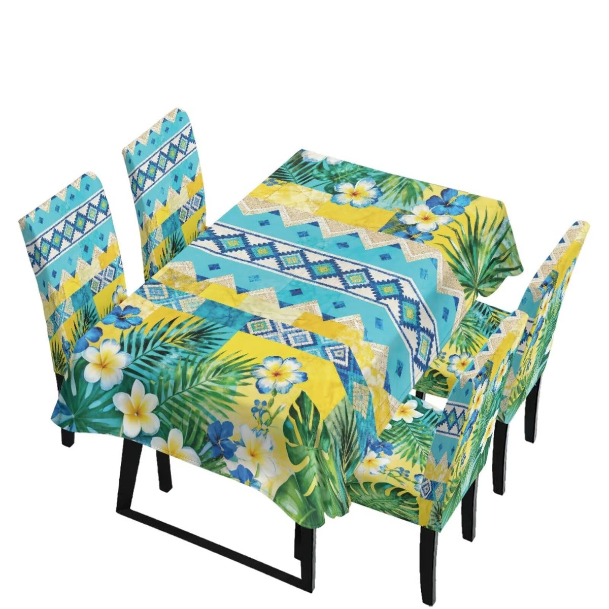 Blue Floral Rectangular Table Cloth & Dining Chair Covers Set of 5, Stain Resistant Wipeable Chair Protectors for Farmhouse Rustic Home Kitchen Party Decor