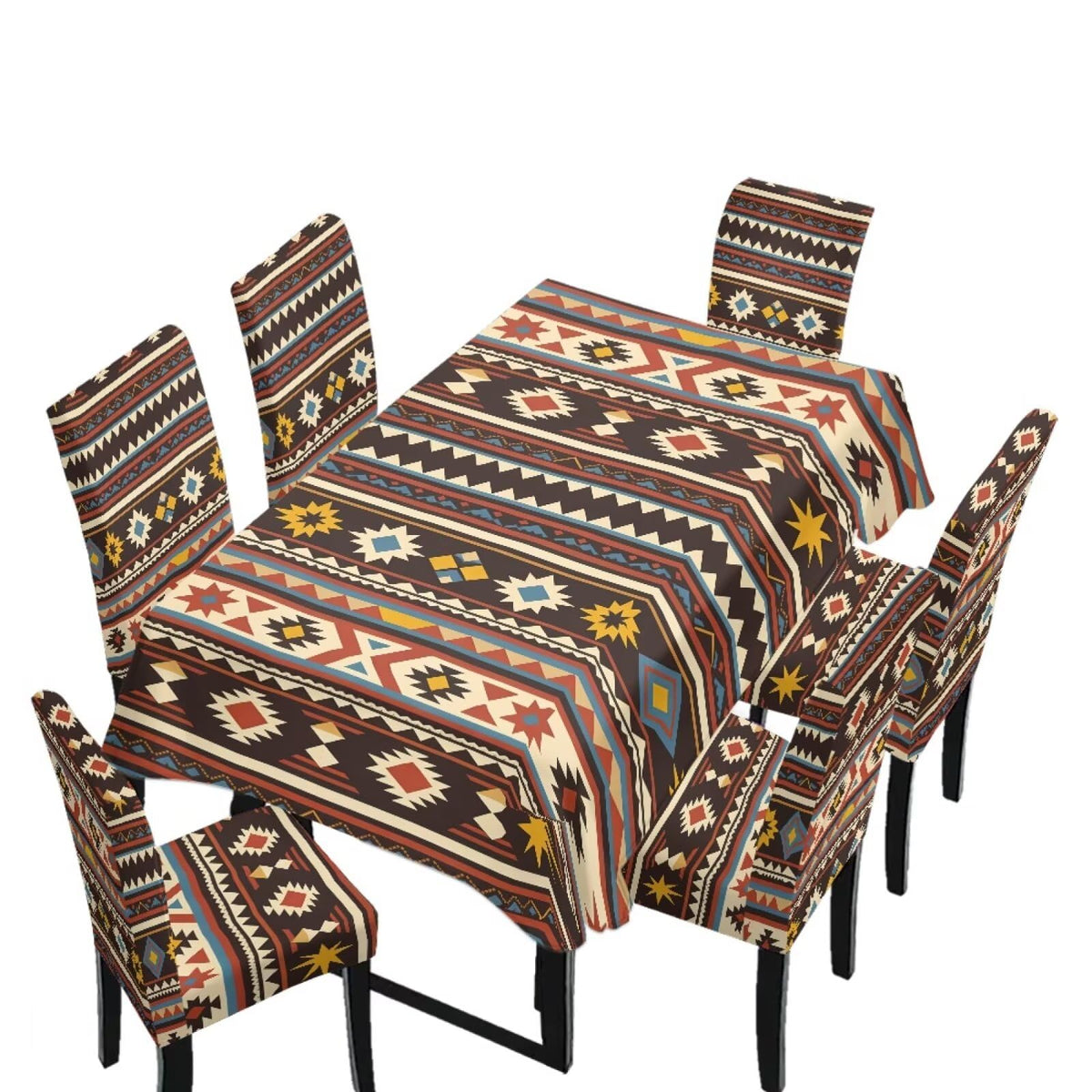 Dining Seat Slipcovers Set of 7 Includes Tablecloths, Removable Dining Room Chair Covers Stain Resistant Table Protector for Home Restaurant, Light Brown Beige Geometry Patchwork