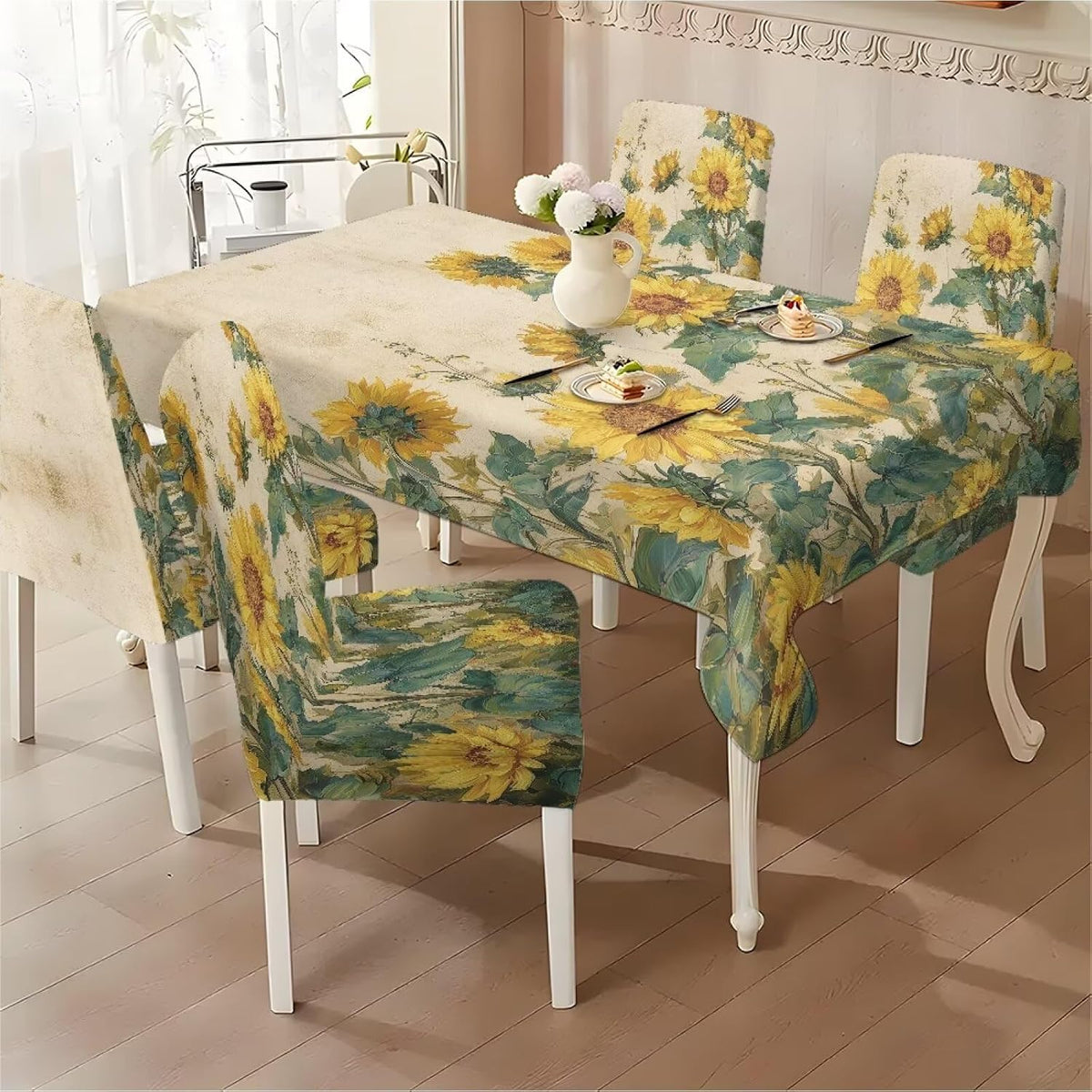ZDCUSTOM Vintage Table Cloth and Chair Cover Set of 4 Sunflower Tablecloths Rectangular Elegant Chair Covers for Dining Chairs Stain Resistant Decoration