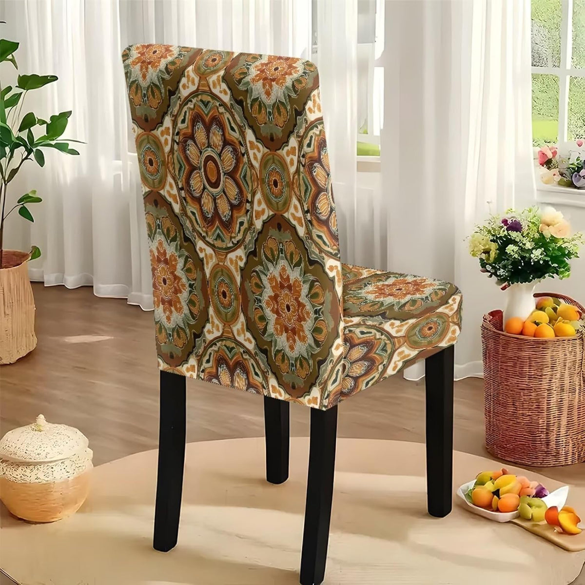Table Cloth and Dining Chair Covers Set of 5, Kitchen Chair Slipcovers Rectangle Table Cover, Removable Anti-dust Tablecloths Stain Resistant Soft Hotel Decor, Retro Geometry Flower