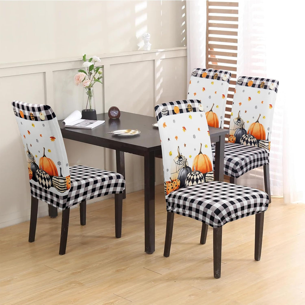 Halloween Chair Covers Set of 4, Fall Pumpkin Black/White Buffalo Plaid Chairs Slipcover for Dining Room, Removable Washable Breathable Cover in the Kitchen Restaurant Holiday Decor