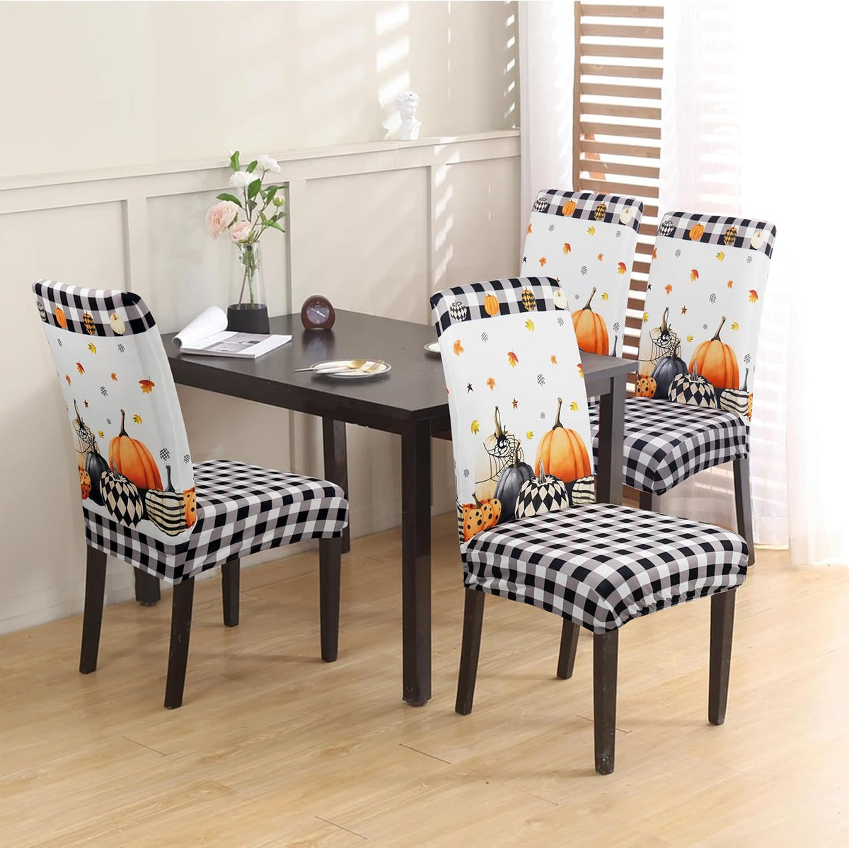 Halloween Chair Covers Set of 4, Fall Pumpkin Black/White Buffalo Plaid Chairs Slipcover for Dining Room, Removable Washable Breathable Cover in the Kitchen Restaurant Holiday Decor