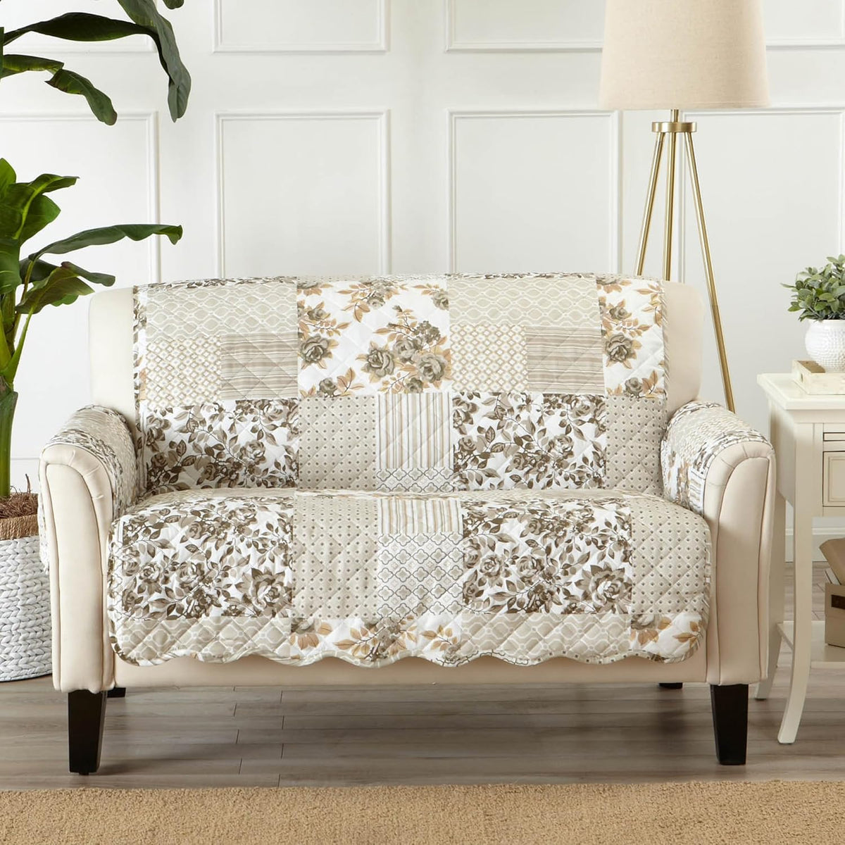 Great Bay Home Reversible Patchwork Loveseat Cover - Washable Slipcover Furniture Protector with Elastic Straps - Perfect for Kids & Pets - Box-Stitched Detail (Taupe)