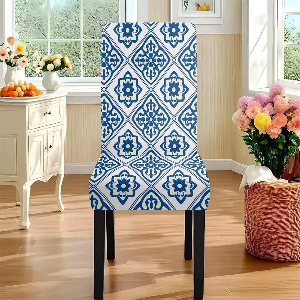 Blue Floral Rectangular Table Cloth & Dining Chair Covers Set of 5, Stain Resistant Wipeable Chair Protectors for Farmhouse Rustic Home Kitchen Party Decor