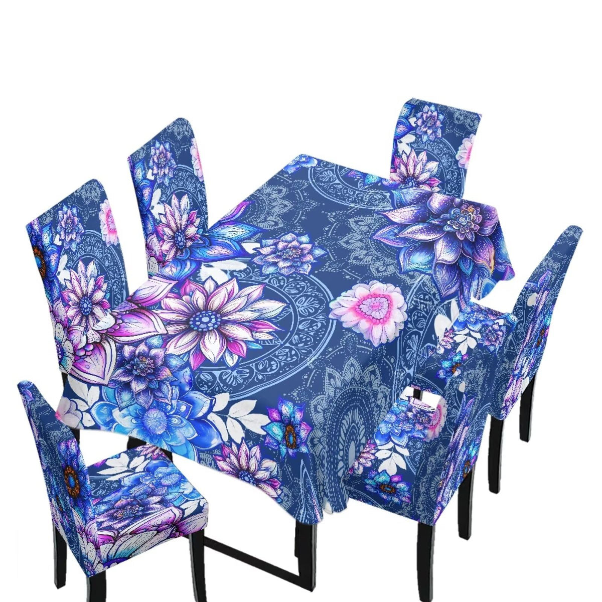 Table Cloth Rectangle Table Set of 7 Include Kitchen Chair Covers and Tablecloths for Dining Room Hotel Banquet, Anti-Scratch Chair Seat Protector Cover, Daisy Hippie Flower Print