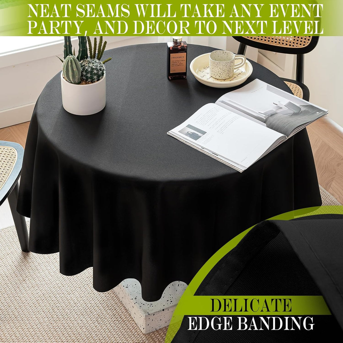 BYDOLL Table Cloth 60 Inch Round Tablecloth Fits Max50 Inch Diameter Table Top,Black Polyester Washable Wrinkle-Free Spillproof Tablecloth for Party Patio Cover