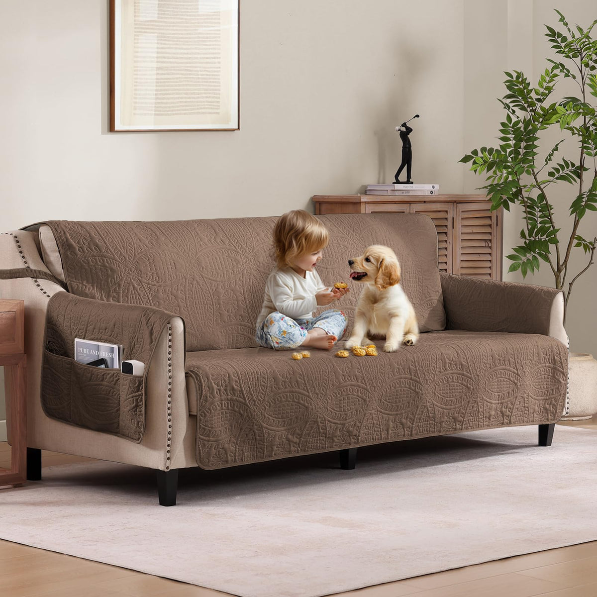 Beige Loveseat Covers for 2 Cushion Couch, Water-Repellent Quilted Covers for Sofa, Machine Washable Love Seat Couch Covers, Pet Friendly Loveseat Slipcovers (Loveseat 48", Beige Cream)