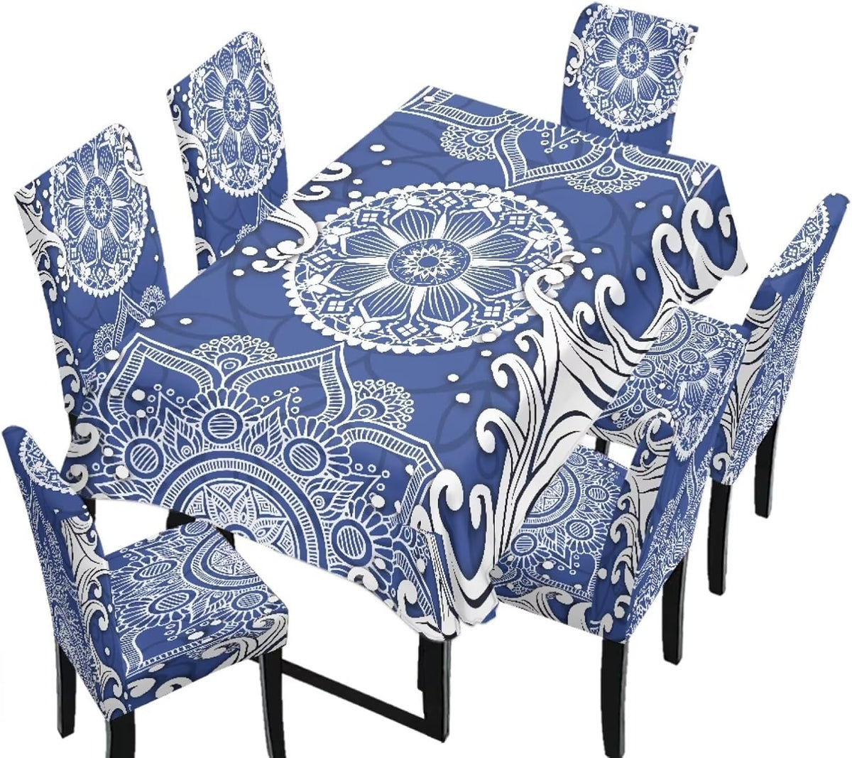 5 Pack Dining Table Cloth Rectangle 4 Seater Includes Kitchen Chair Covers, Stretch Seat Covers for Dining Chairs Anti-dust Washable Table Protector, Tribe Aztec Geometry Print