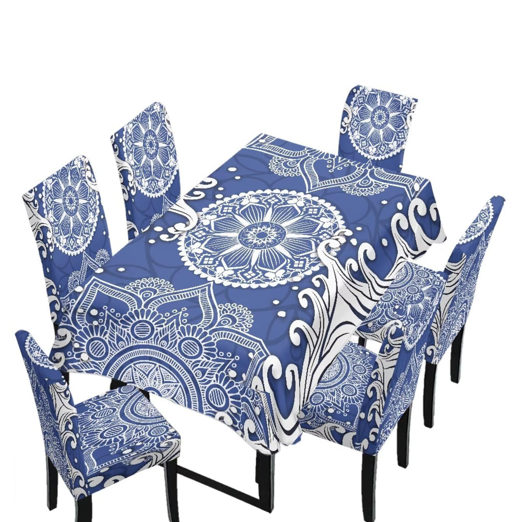Dining Room Chair Cover and Tablecloths 7 Pack, Stain Resistant Stretch Kitchen Chair Seat Slipcovers Anti-Wrinkle Table Protector for Party, Pastoral Rose Flower Stripes Print Green