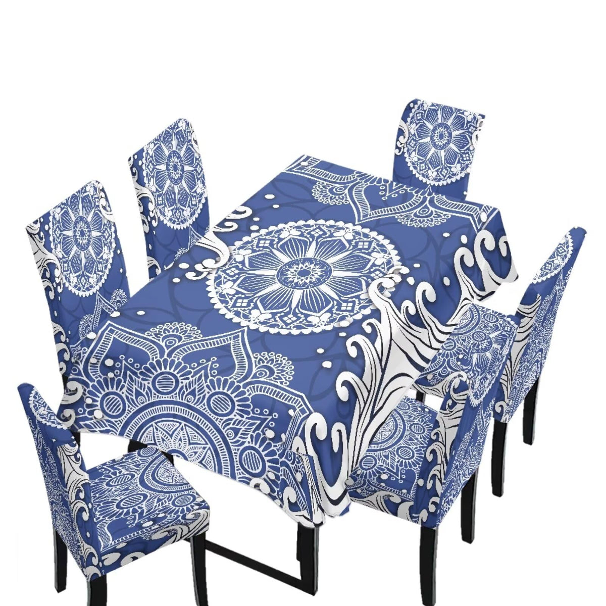 Dining Room Chair Cover and Tablecloths 7 Pack, Stain Resistant Stretch Kitchen Chair Seat Slipcovers Anti-Wrinkle Table Protector for Party, Pastoral Rose Flower Stripes Print Green