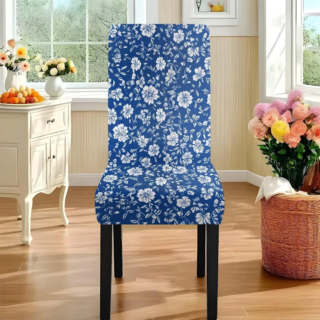 Table Cloth and Dining Chair Covers Set of 5, Kitchen Chair Slipcovers Rectangle Table Cover, Removable Anti-dust Tablecloths Stain Resistant Soft Hotel Decor, Blue Retro Floral