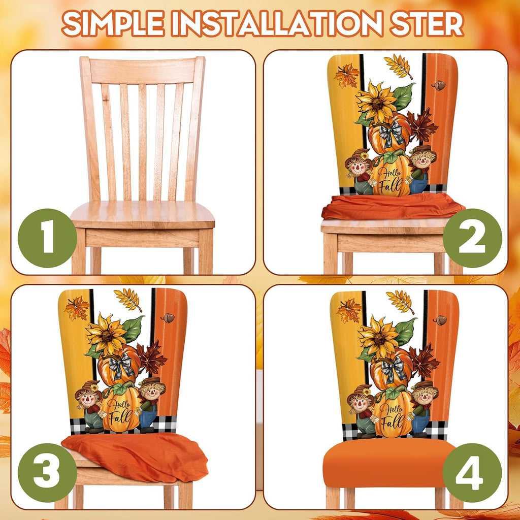 Chair Covers Set of 6 Dining Protector Stretch Autumn Pumpkin Scarecrow Maple Leaves Slipcovers Removable Washable for Dining Hotel Party Wedding