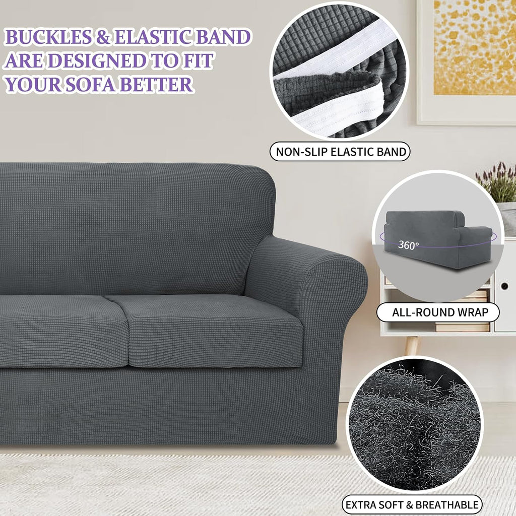 ZNSAYOTX 3-Piece Loveseat Slipcovers High Stretch Spandex Sofa Slip Cover Living Room Love Seat Couch Covers for 2 Cushion Couch Jacquard Small Checks Furniture Protector (Dark Grey, Loveseat)