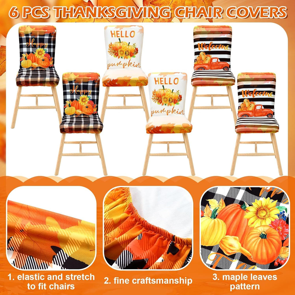 Preboun 6 Pcs Fall Chair Covers Pumpkin Dining Chair Slipcover Thanksgiving